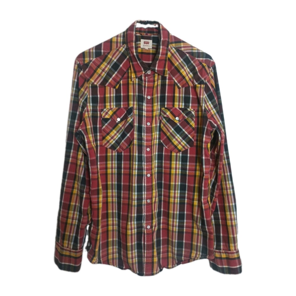 Levi's Pearl Snap Shirt Mens L Red Plaid Excellent Western Sportsman Long Sleeve